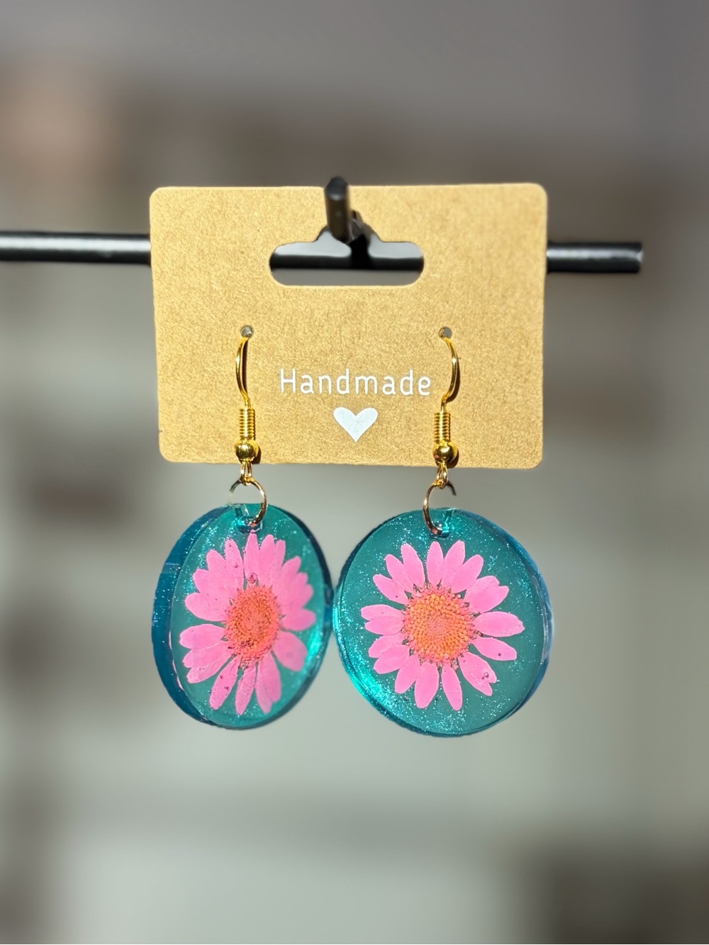 Handmade Teal Resin Earrings with Pink Flower